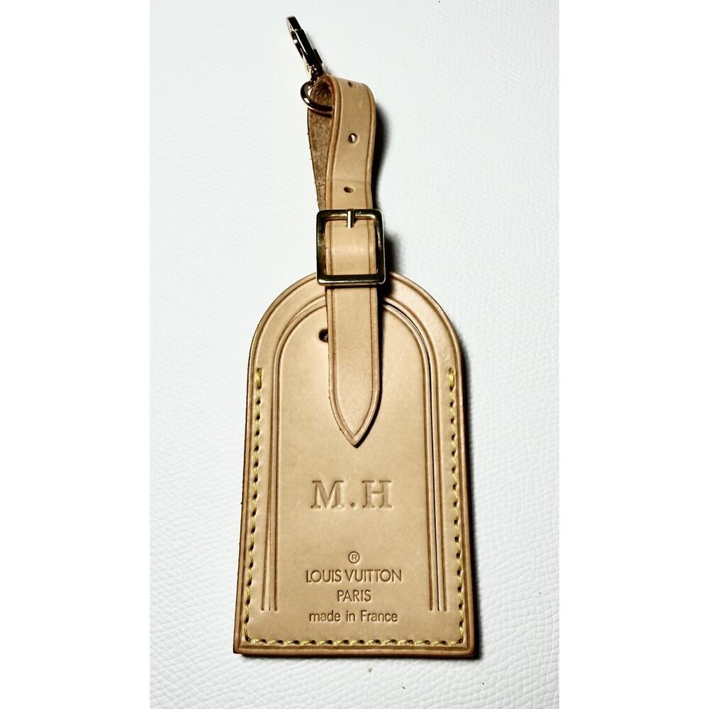 Louis Vuitton Name Tag w/ M H Stamped Large sz Goldtone - Beige Leather France